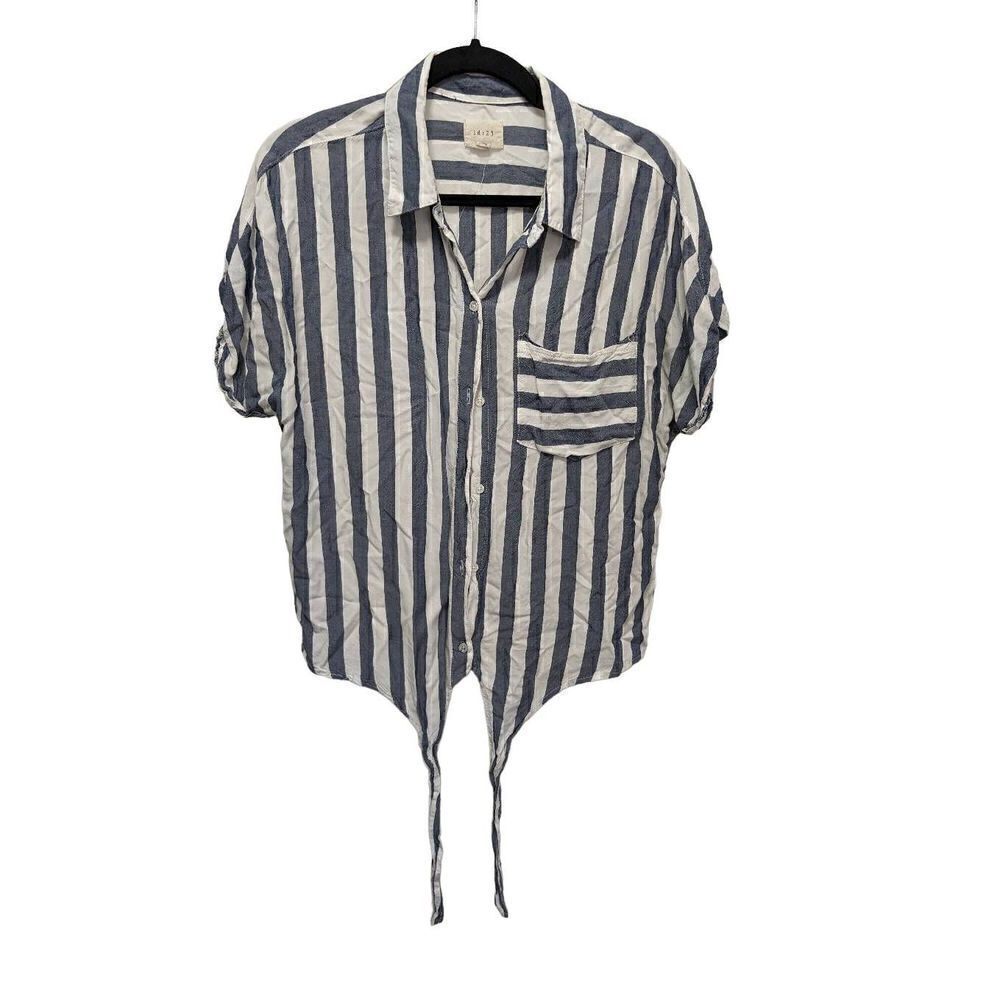 id:23 by Sneak Peek Front Tie Short Sleeves with Front Pocket Button Down Stripp